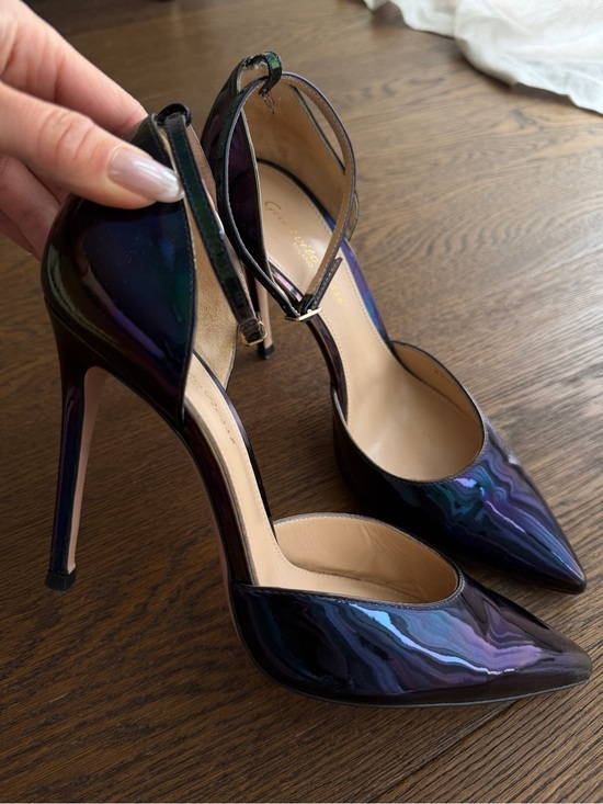 Gianvito Rossi Shoes - Gianvito Rossi Iridescent Black Pointed Ankle-Strap Stilettos Size 37 in Box